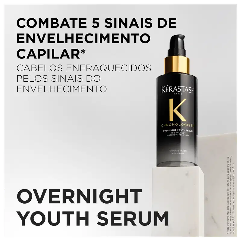 TEXTO NA IMAGEM: OVERNIGHT YOUTH SERUM COMBATE 5 SINAIS DE ENVELHECIMENTO CAPILAR*
CABELOS ENFRAQUECIDOS PELOS SINAIS DO ENVELHECIMENTO