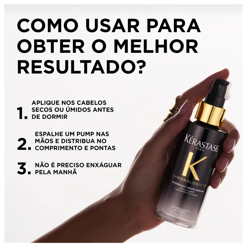 Como usar para obter o melhor resultado? Aplique nos cabelos secos ou úmidos antes de dormir. Espalhe um pump nas mãos e distribua no comprimento e pontas. Não é preciso enxaguar pela manhã.