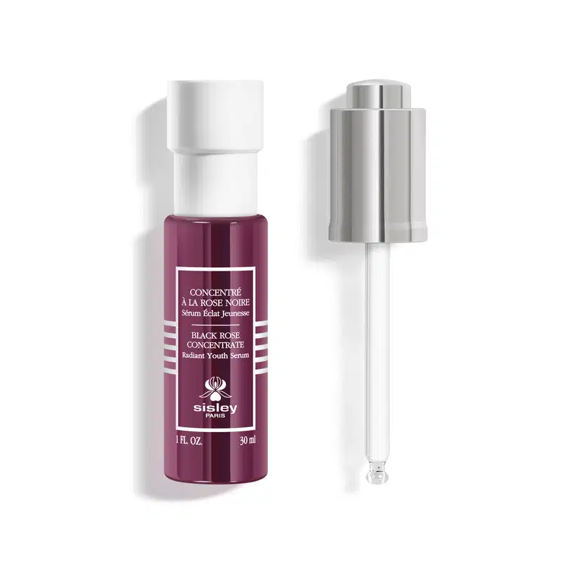 Frasco e aplicado do sérum Sisley Black Rose Concentrate.