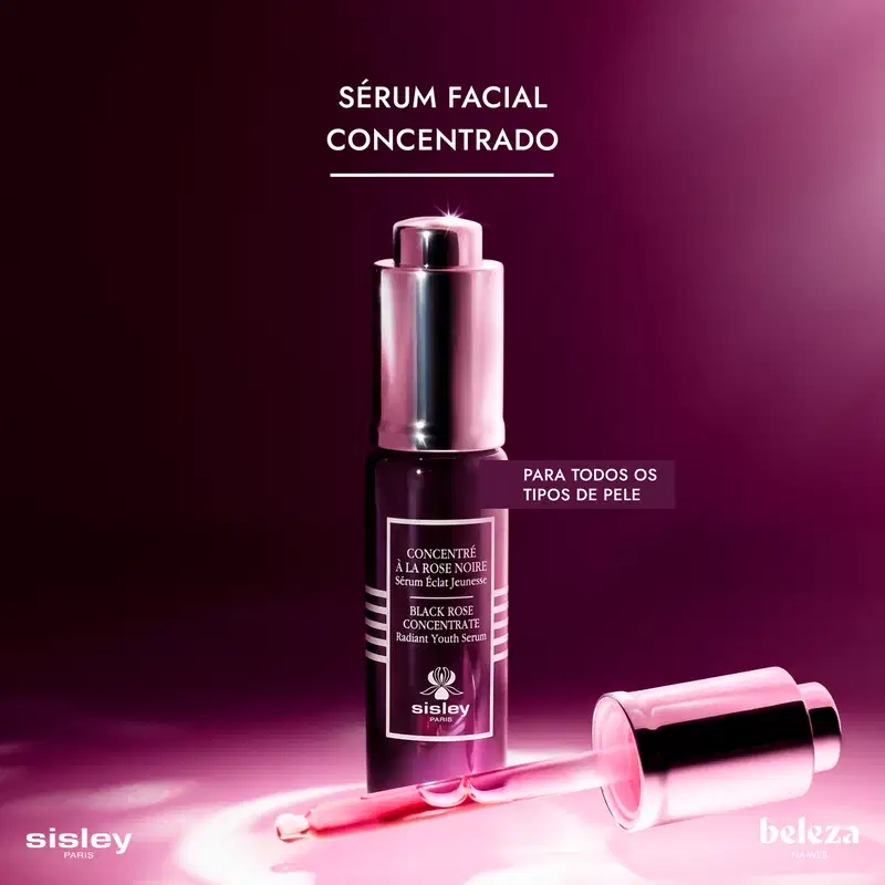 Sérum facial Sisley Paris Black Rose Concentrate. Frasco em tom de roxo com conta-gotas prateado apoiado à frente. Acima, os textos: "SÉRUM FACIAL CONCENTRADO" e "PARA TODOS OS TIPOS DE PELE" em um fundo violeta. Logotipos Sisley e Beleza na Web.