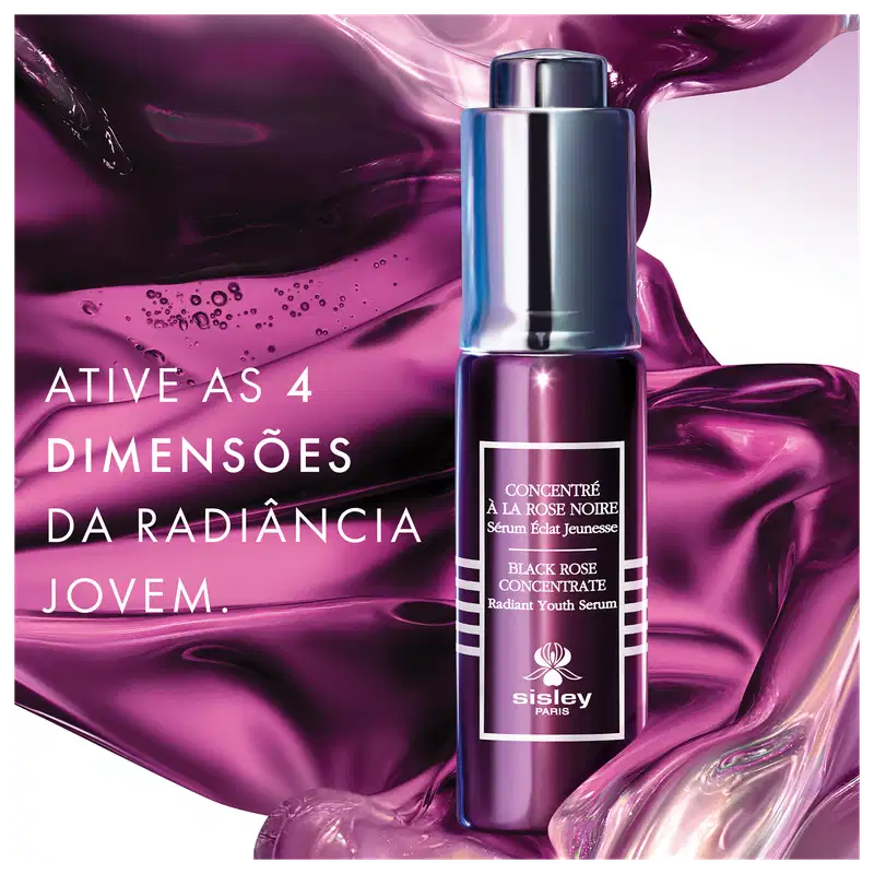 Frasco do sérum Sisley Black Rose Concentrate. Acompanha o texto: Ative as 4 dimensões da radiância jovem.