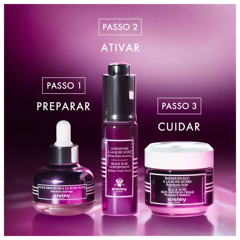Três itens da marca Sisley em embalagens de vidro e plástico de cores roxas e pretas, incluindo um frasco conta-gotas, um tubo e um pote, com rótulos exibindo o nome da marca e os nomes dos produtos.