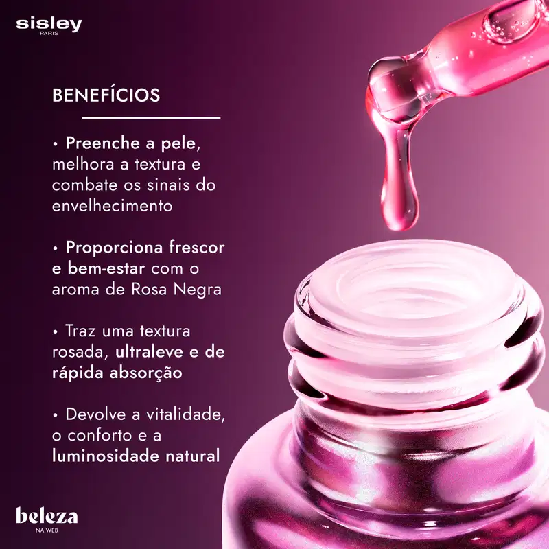 Gargalo do frasco de sérum aberto com uma gota rosada caindo de um conta-gotas. À esquerda, o texto "BENEFÍCIOS" lista ação antissinais, frescor com aroma de Rosa Negra, textura ultraleve e resgate da luminosidade.