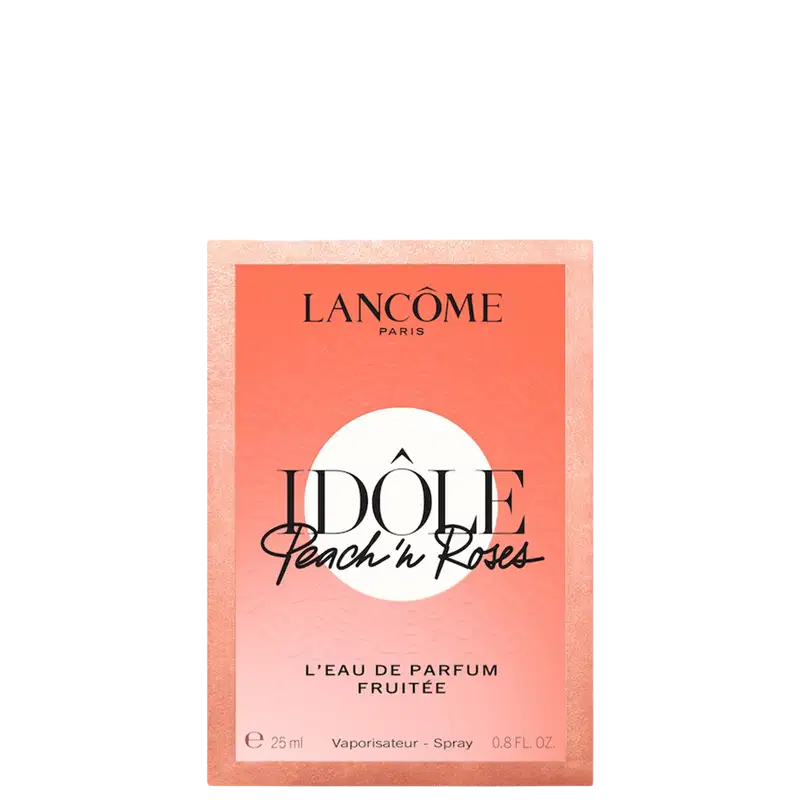 Formato de caixa retangular de cor laranja, com texto "Idole Peach'n Roses" em preto e branco.