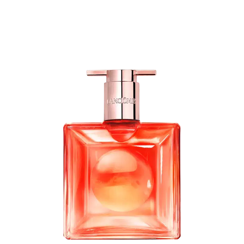 Frasco de perfume da marca Lancôme, com formato retangular e tampa rosada, em cor laranja vibrante.