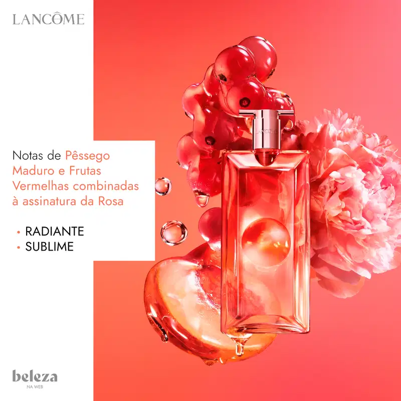 Frasco de perfume da marca Lancôme, com formato retangular e tampa rosada, em cor laranja vibrante.
