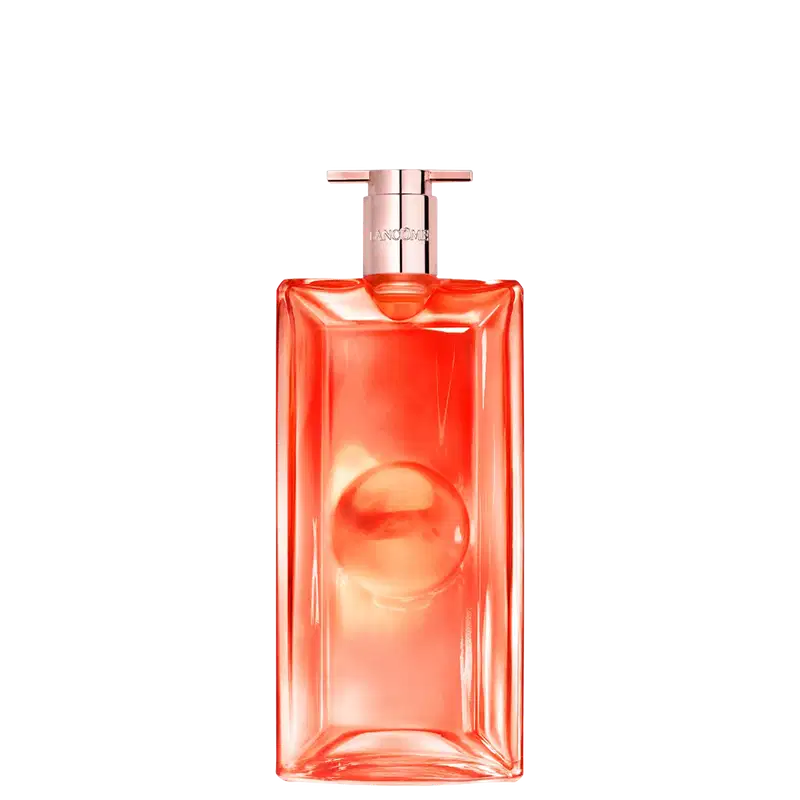 Frasco de perfume da marca Lancôme, com formato retangular e tampa rosada, em cor laranja vibrante.