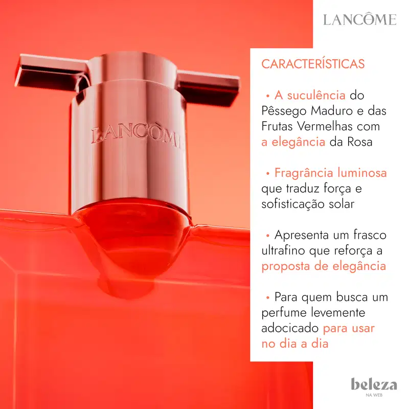 Frasco de perfume da marca Lancôme, com tampa rosada, e texto com as características do perfume.