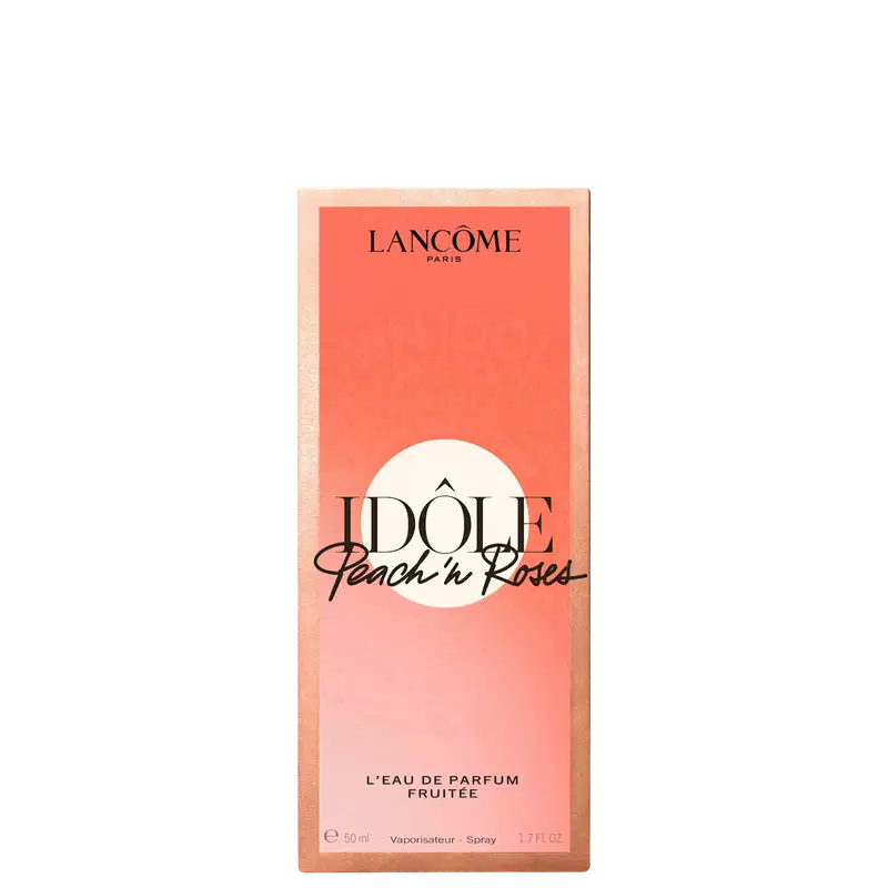 Formato de caixa retangular de cor laranja, com texto "Idole Peach'n Roses" em preto e branco.