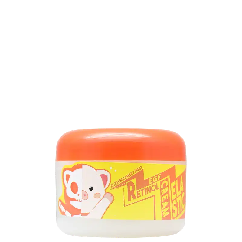 Frasco de creme facial da marca Elizavecca, com embalagem laranja e amarela, exibindo o texto "Retinol EGF", "Milky Piggy" e outros detalhes sobre o produto.