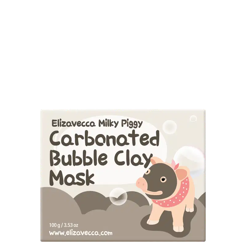 Caixa de máscara facial de argila efervescente Milky Piggy da Elizavecca, com embalagem branca e cinza e ilustração de um porquinho rosa. Contém 100g do produto.