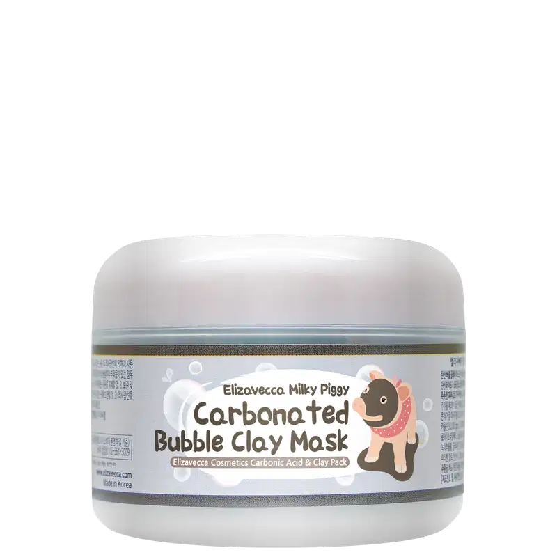 Frasco branco com rótulo da marca Elizavecca apresentando um produto de máscara de argila efervescente "Milky Piggy Carbonated Bubble Clay Mask", com ilustração de um porquinho rosa.
