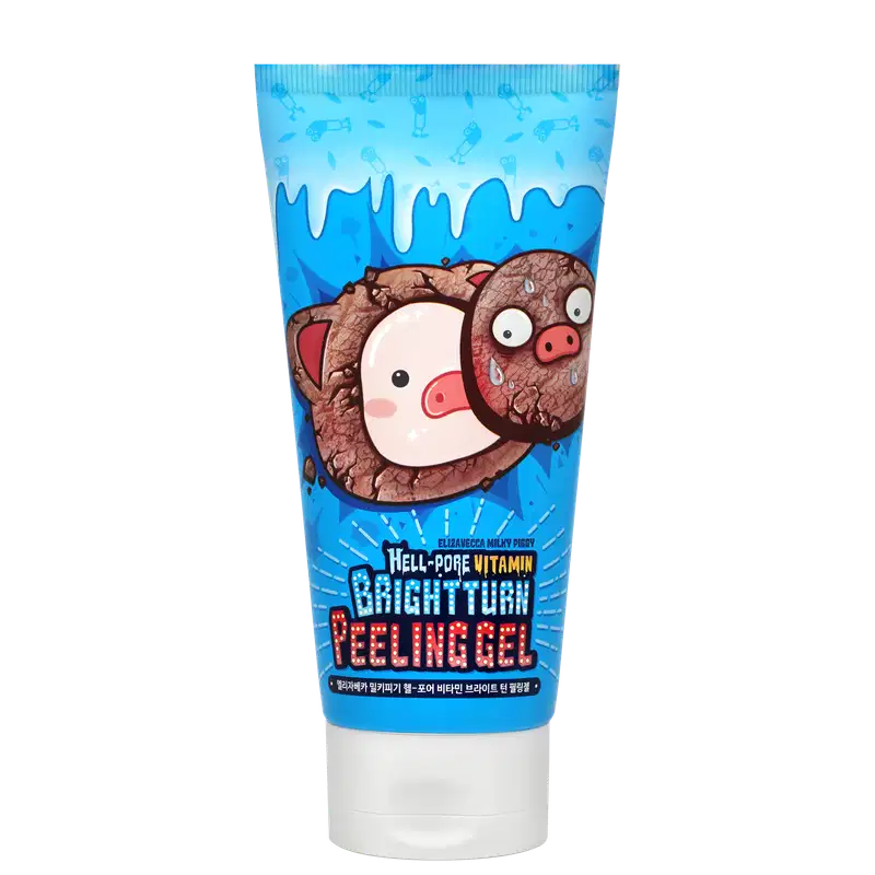 Produto de beleza Elizavecca Bright Turn Peeling Gel em embalagem azul com ilustrações de porcos e textura de gel. Contém informações sobre o produto, como "Hell-Pore Vitamin" e "Bright Turn".