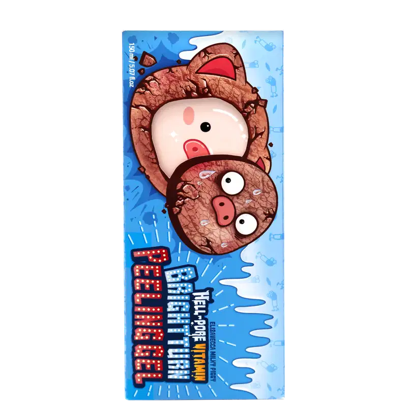 Embalagem de produto Elizavecca com ilustração de porquinho fofo, em tons de marrom e rosa, sobre fundo azul com detalhes aquáticos. Texto "Hei-pore water max pack" e "Elizavecca" visíveis.