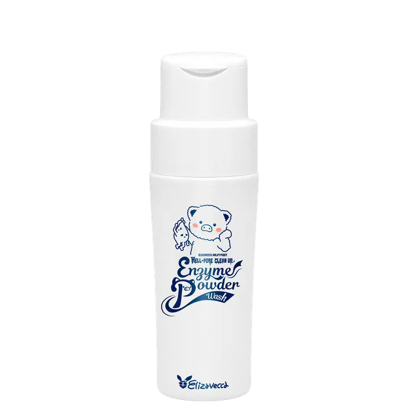 Frasco branco de produto de limpeza facial em pó da marca Elizavecca, com ilustração de personagem fofo e texto em azul descrevendo o produto como "Well-done clean up" e "Enzyme powder wash".