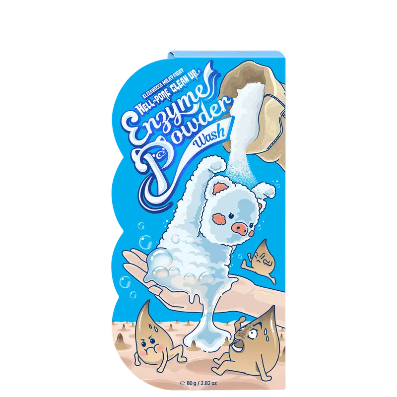 Embalagem azul com ilustrações de animais e texto "Enzymes powder wash" indicando um produto de limpeza em pó da marca Elizavecca.