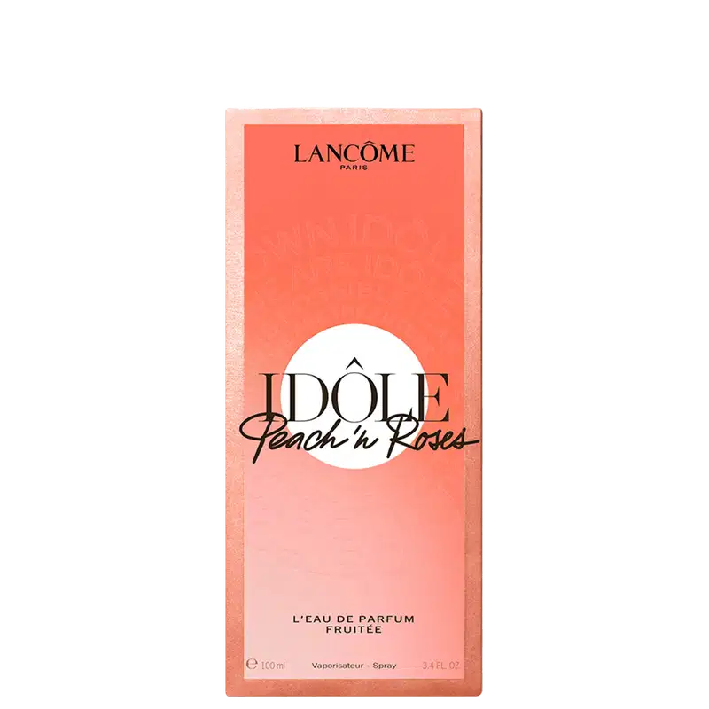 Formato de caixa retangular de cor laranja, com texto "Idole Peach'n Roses" em preto e branco.