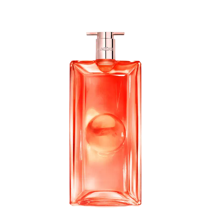 Frasco de perfume da marca Lancôme, com formato retangular e tampa rosada, em cor laranja vibrante.