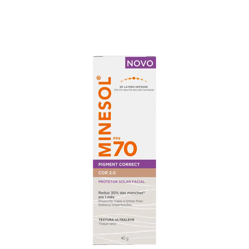 Caixa branca e laranja do protetor solar facial Minesol FPS 70 Pigment Correct cor 2.0, com textura ultraleve e promessa de reduzir 30% das manchas em 1 mês.