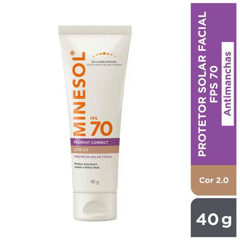 Protetor solar facial da marca NeoSol, com FPS 70 e cor 2.0, em embalagem de 40g. O produto é indicado para reduzir manchas, rugas e linhas finas na pele.