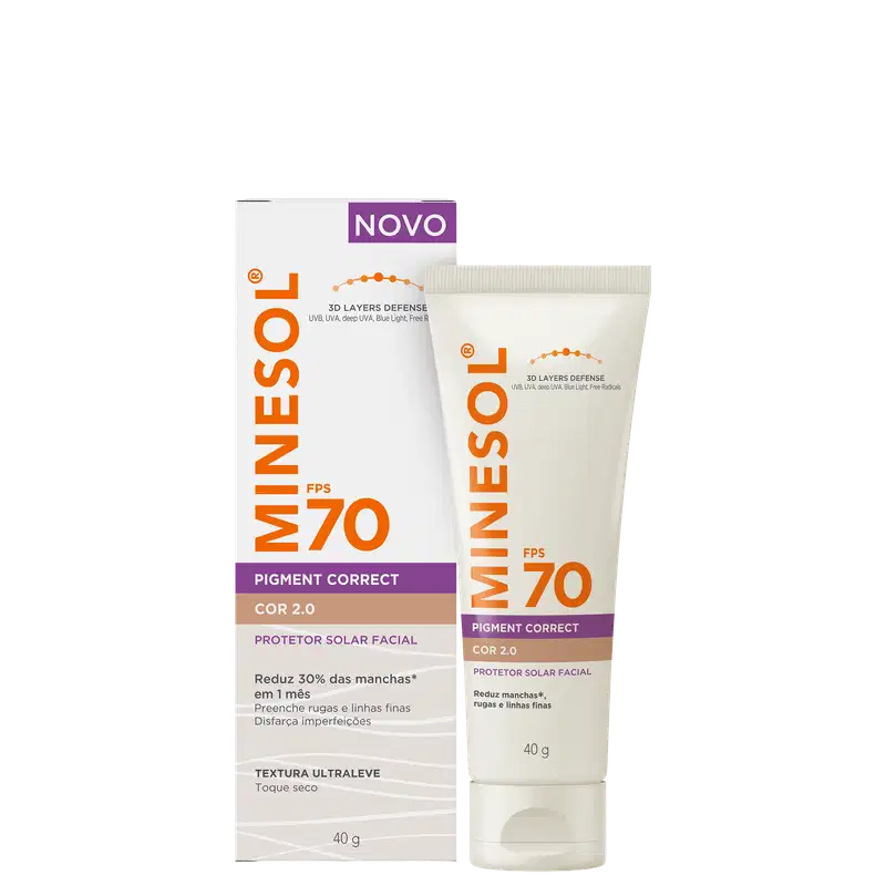 Protetor solar facial MineSol FPS 70 Pigment Correct Cor 2.0 em embalagem de tubo branco e laranja, com rótulo indicando propriedades de correção de pigmentação e textura ultraleve.