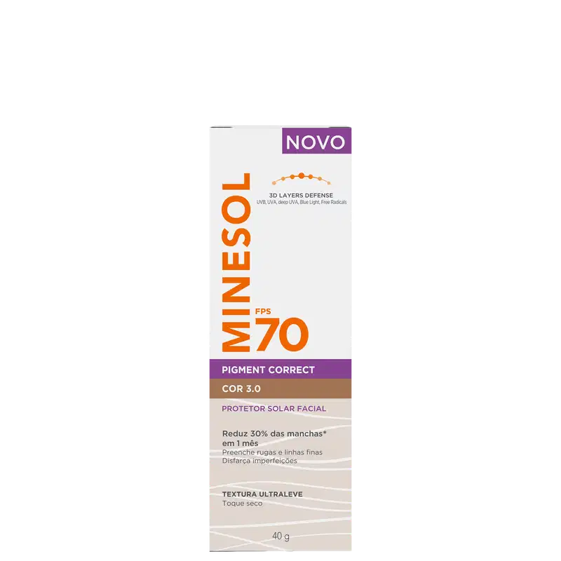 Caixa branca e laranja com rótulo "MINESOL NOVO FPS 70 PIGMENT CORRECT COR 3.0" e informações sobre protetor solar facial com textura ultraleve.