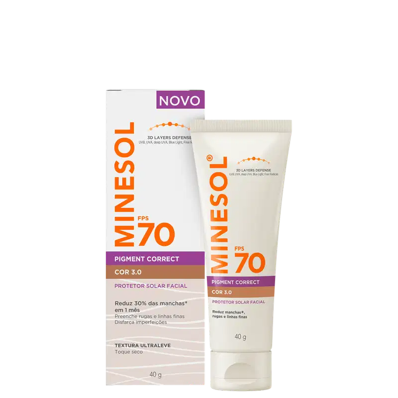 O produto de beleza apresentado é um protetor solar facial da linha Minesol, com FPS 70 e fórmula Pigment Correct COR 3.0. A embalagem é um tubo branco e laranja, com rótulo destacando as propriedades de redução de manchas e linhas finas em 1 mês.