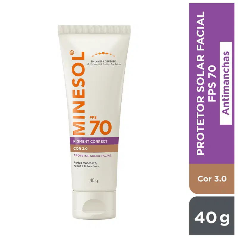Protetor solar facial NeoSol FPS 70 Pigment Correct, cor 3.0, em embalagem de 40g. O produto apresenta textura cremosa e rótulo com informações sobre sua função de reduzir manchas, rugas e linhas finas.