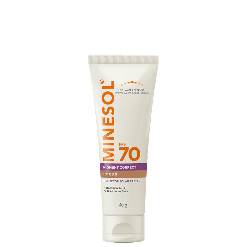 Protetor solar facial MineSol FPS 70 Pigment Correct Cor 3.0 em embalagem de tubo branco e laranja, com rótulo indicando propriedades de correção de pigmentação e textura ultraleve.
