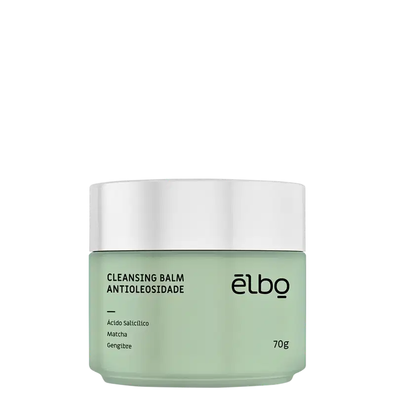 Frasco de limpeza facial Elbo, com 70g de produto, em embalagem branca e verde-clara, contendo rótulo com o nome "Cleansing Balm Antioleosidade" e ingredientes como ácido salicílico, matcha e gengibre.