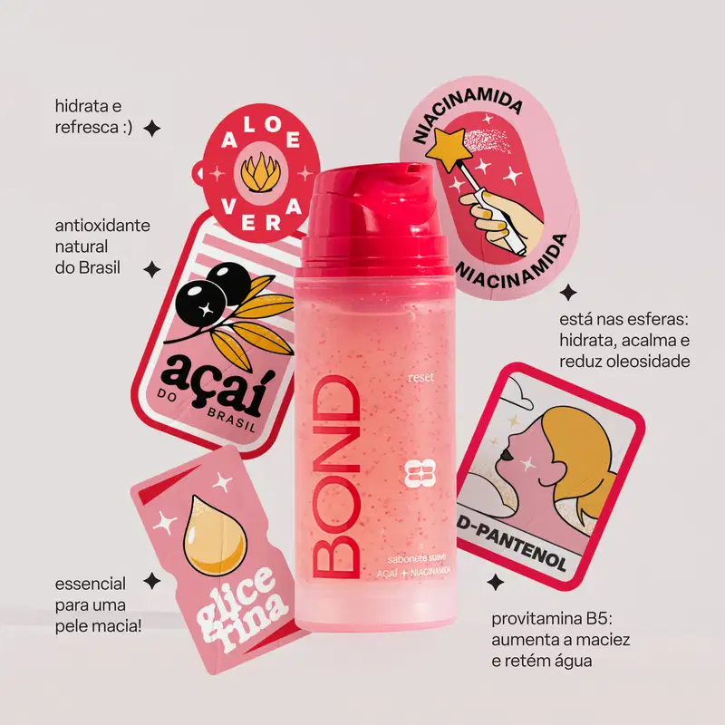 Embalagem rosa com texto "Bond" e ilustrações de estrela e pássaro; rótulos com informações sobre benefícios do produto, como hidratação, acalma e reduz oleosidade; item de perfumaria com aroma de açaí do Brasil.