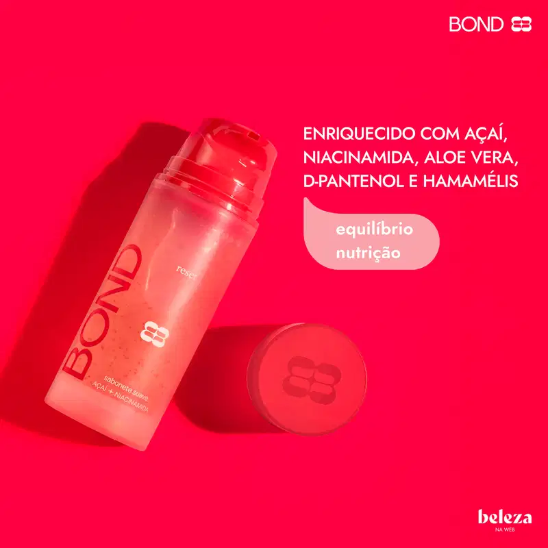 Sabonete líquido da marca Bond Rio com texto, "Enriquecido com açaí, niacinamida, aloe vera, D-pantenol e hamamelis" e informações sobre "equilíbrio e nutrição".