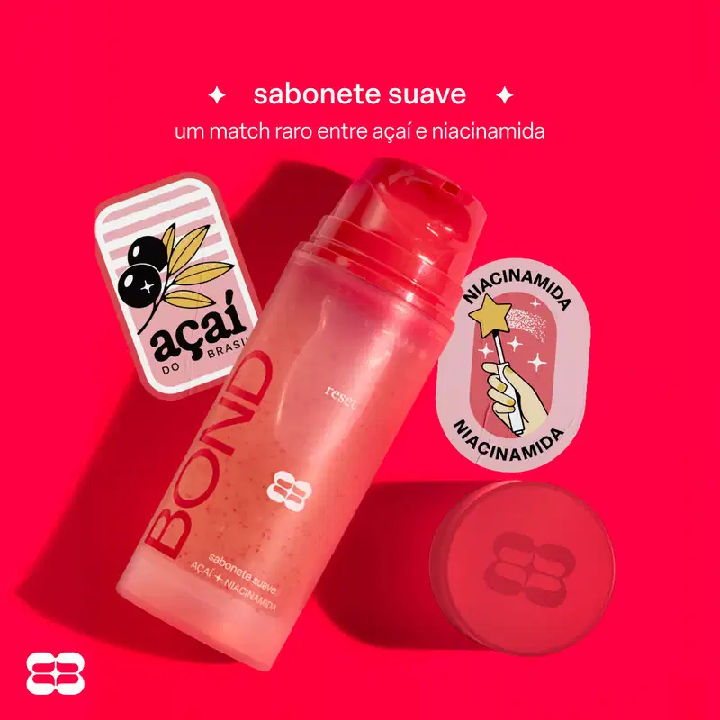 Sabonete suave com combinação rara de açaí e niacinamida, em embalagem com logotipo da marca Bond Rio e ilustrações de estrela e flor.