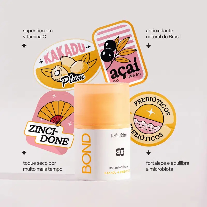Embalagem de produto de perfumaria com ilustrações de frutas e símbolos, contendo os textos "Kakadu + Prebióticos", "Açaí do Brasil", "Prebióticos", "Zinc-Done" e "Bond".