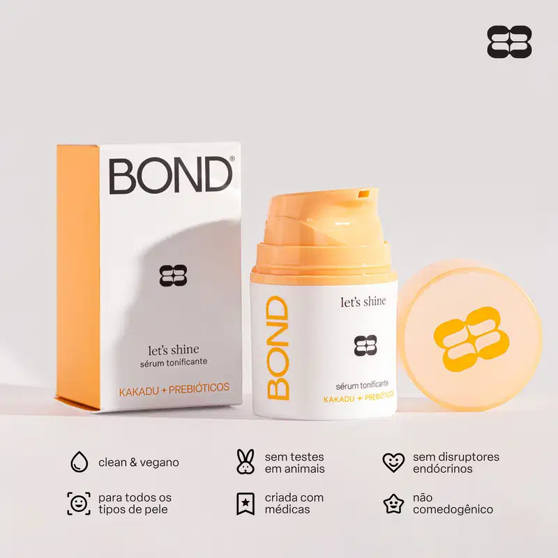 Embalagem laranja com texto "Bond" e "let's shine" em preto, contendo um item de perfumaria com fórmula à base de kakadu e prebióticos, sem testes em animais e não comedogênico.