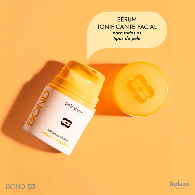 Frasco de sérum tonificante facial da marca Bond Rio para diferentes tipos de pele, com embalagem amarela e texto "Sérum tonificante facial para todos os tipos de pele".
