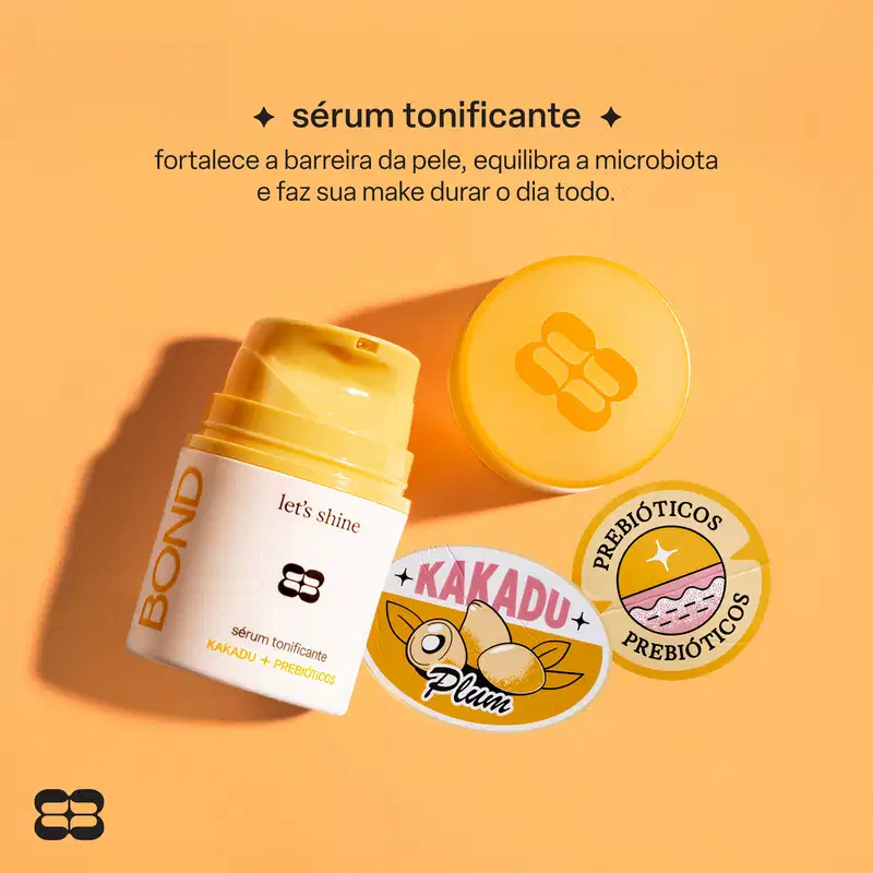 Sérum tonificante da marca Bond Rio que fortalece a barreira da pele, equilibra a microbiota e faz sua make durar o dia todo, com embalagem amarela e logotipo da marca.