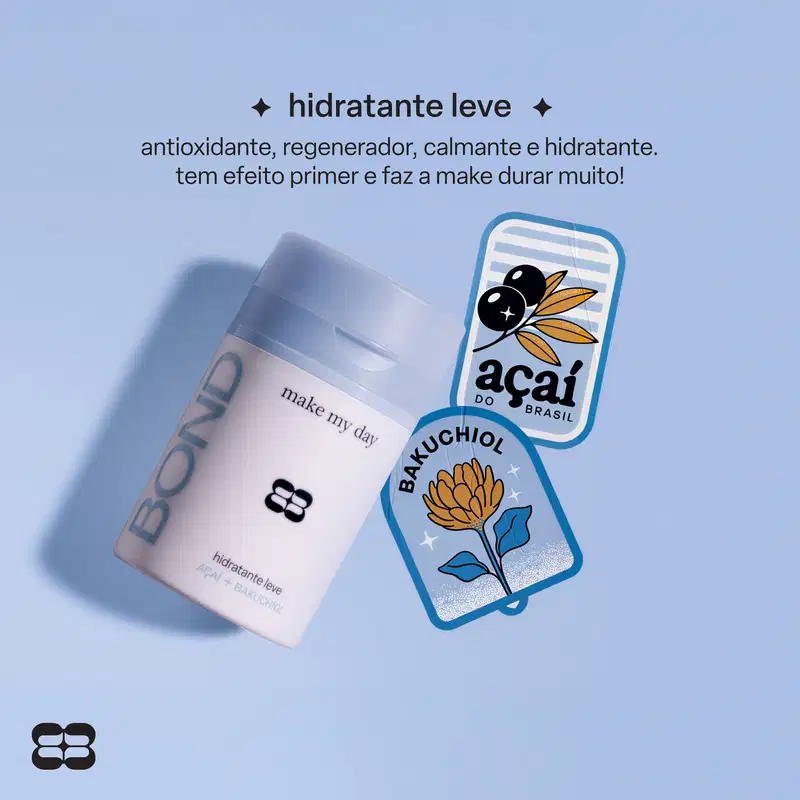 Frasco de creme hidratante da marca Bond Rio, com rótulo em fundo azul claro listrado e ilustrações de flores e frutos, apresentando texto "hidratante leve" e informações sobre seus benefícios.