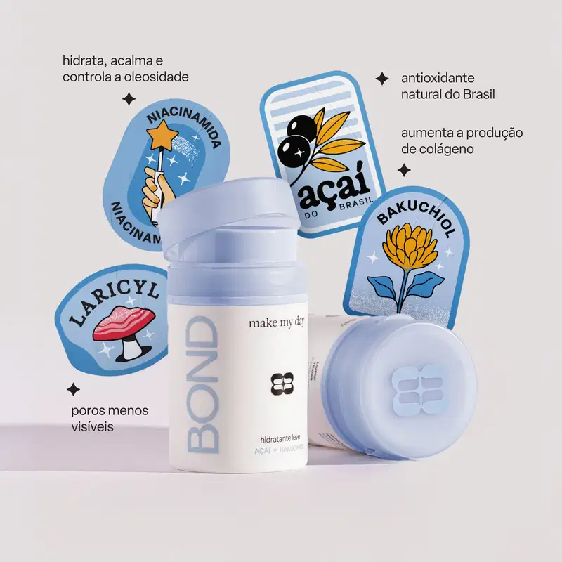Embalagem e textos em português, incluindo "acai do brasil", "bakuchiol", "niacinamida" e "lariçyl". Recipiente branco com tampa e aplicador, com informações sobre hidratação, controle da oleosidade e aumento da produção de colágeno.