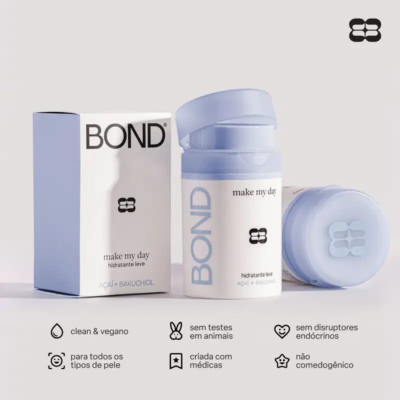 Embalagem e recipiente da marca Bond com texto "make my day" e "hidratante leve" em tons de azul.