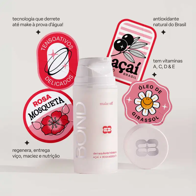 Embalagem de item de perfumaria com logotipos e informações sobre ingredientes naturais, vitaminas e propriedades antioxidantes do produto da marca Açaí Brasil.