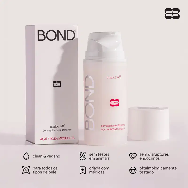 Embalagem da marca Bond Rio, com texto "make off demaquilante hidratante Açaí + Rosa Mosqueta" e ícones indicando ser produto limpo, vegano, sem disruptores endócrinos e oftalmologicamente testado.