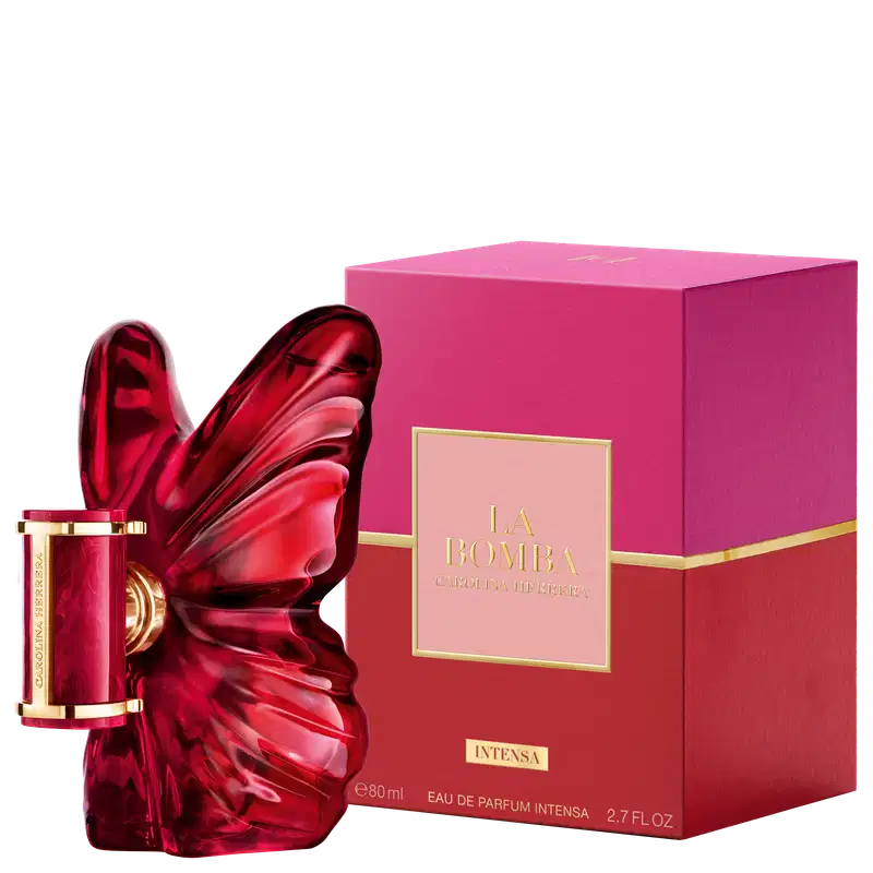 Frasco de perfume Carolina Herrera La Bomba Intensa em formato escultural e vibrante na cor rosa, e caixa ao lado