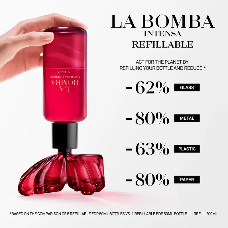 Frasco de refil do perfume La Bomba Intensa, com informações sobre redução de impacto ambiental ao reabastecer o recipiente.