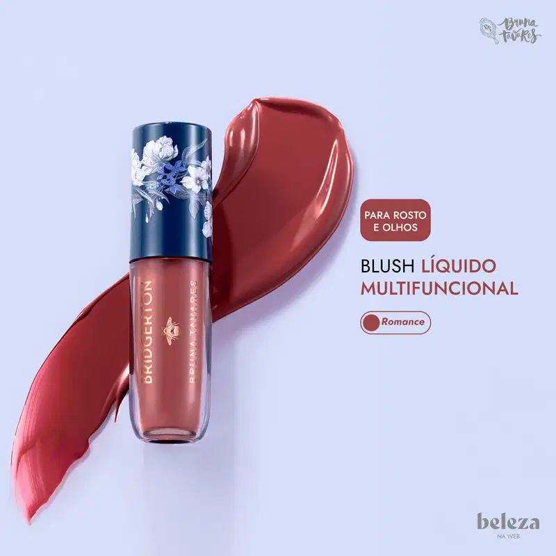 Embalagem de blush líquido multifuncional da marca Bruna Tavares na cor Romance, com textura cremosa e brilhante.