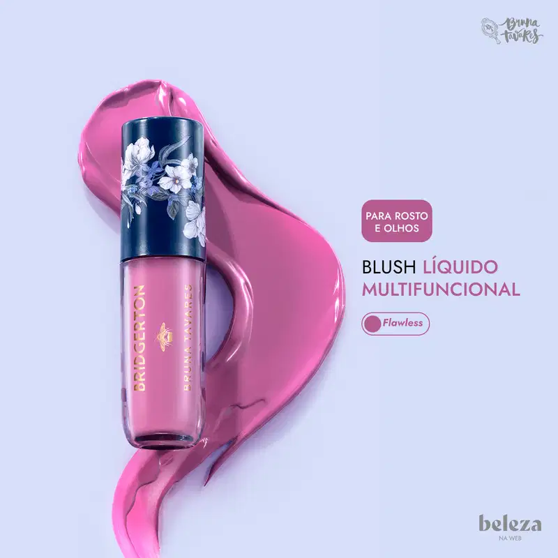 Embalagem rosa de blush líquido multifuncional da marca Bruna Tavares, com texto "Para rosto e olhos" e "Flawless" visíveis.