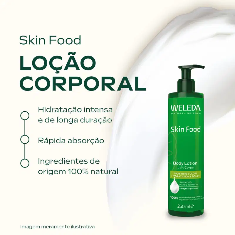 Loção Corporal Weleda Skin Food. Texto traz as informações: hidratação intensa e de longa duração, rápida absorção e ingredientes de origem 100% natural.