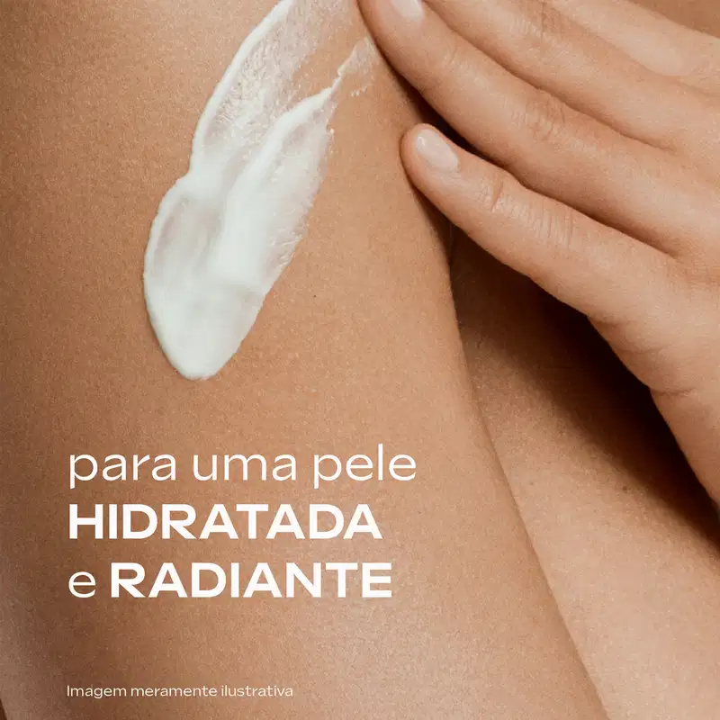 Loção sendo aplicada na pele. Texto diz: "para uma pele hidratada e radiante".