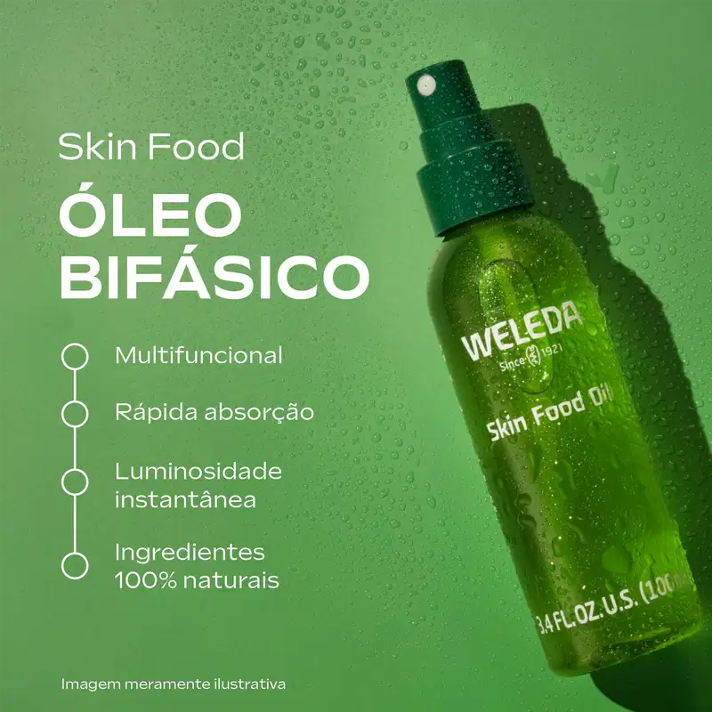 Embalagem do Óleo Weleda Skin Food, com texto: Óleo bifásico multifuncional, rápida absorção, luminosidade instantânea e ingredientes 100% naturais.