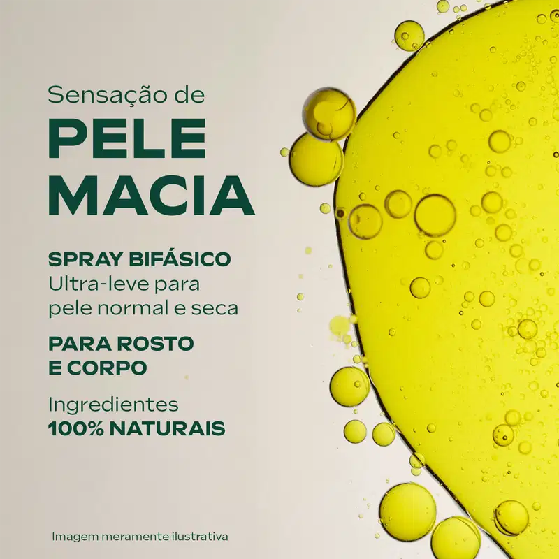 Texto diz: sensação de pele macia. Spray bifásico ultra-leve para pele normal e seca. Para rosto e corpo. Ingredientes 100% naturais.